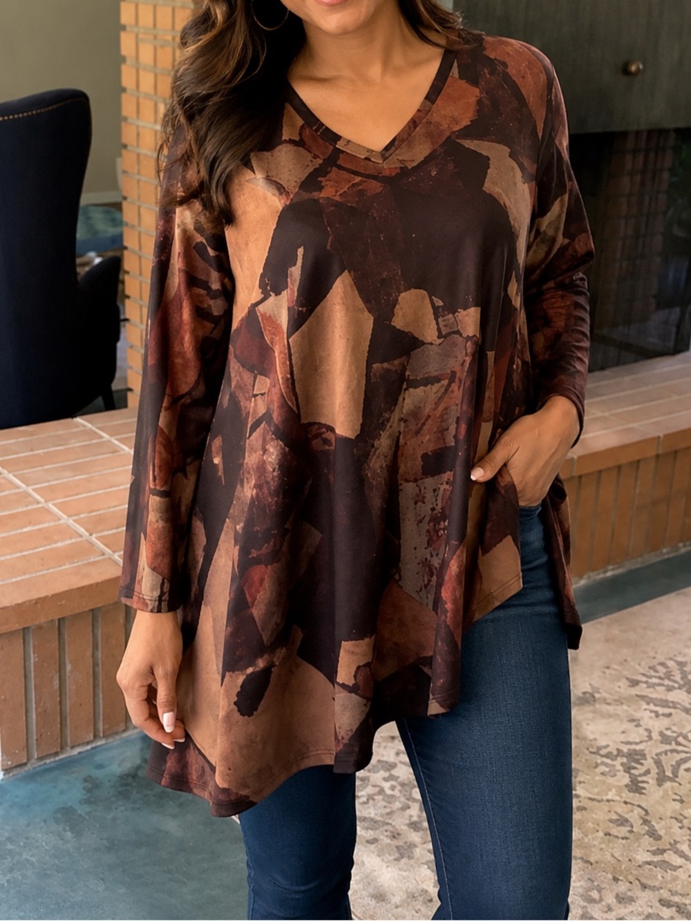 Abstract V-Neck Tunic - Brown & Tan